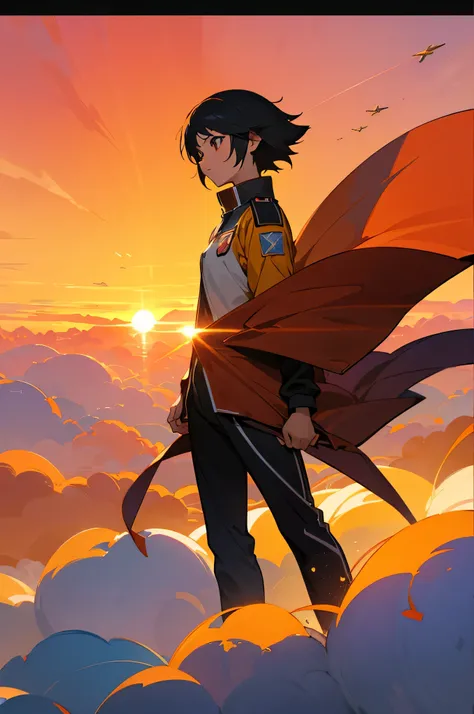 anime landscape of an indian young Pilot Leader standing proudly in front of an entire squadron of fighter jets, with arms akimbo, as the sun rises dramatically over the horizon., hellish orange and red sunset, anime nature wallpapers, beautiful anime scen...