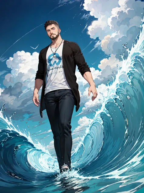 (water particles flying around), hydromancer, slim mature male, water magic, handsome, full beard, short undercut, mystic, modern outfit, masterpiece, eye focus, best quality, anatomically correct, (walk on water: 1.15), water particles flying around, ocea...