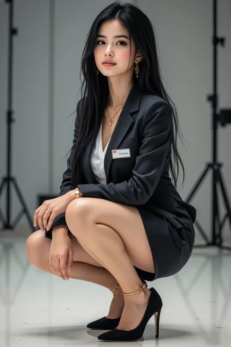 A Top Quality,   long black hairのスタイリッシュな , professional office lady with   long black hair, in a dynamic    squat  pose. Top Quality, fine eye and skin detail,   studio lighting  , 30 years old,   Japanese,   dark eyes,   long black hair,   refined ,   mo...