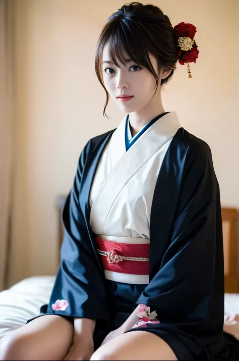 ((Kyoto street at night in the Edo period,  a city illuminated by lanterns on an unpaved road after the rain  、 A woman in a  kimono posing for a picture .)),(((The collar of the formal Japanese  kimono, Black pattern, Pulled back , showing a beautiful whi...