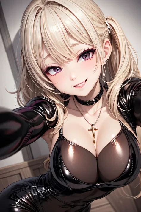 evil smile, under teen, bratty girl, shiny latex, looking at viewer, blonde hair, cross necklace, highlighted eyes with eyeliner, false eyelashes, soft shadows, light makeup, blushed