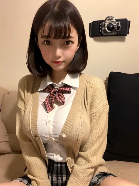 (((8k、high resolution、TOP QUALITY、high resolution))) alone、natural body shape、 white skin、 natural cosmetics、  black hair、bangs、 straight long hair 、、(( high school uniforms )) 、(( beige cardigan 、 white collar long sleeve blouse ))、(( red checkered pleate...