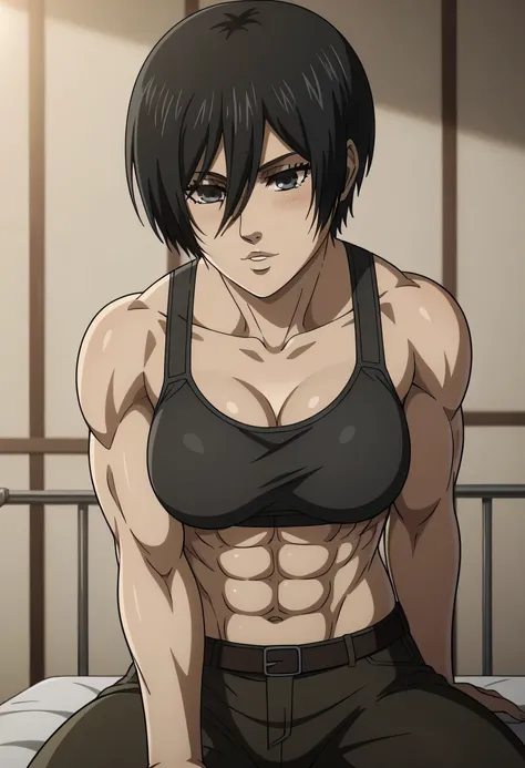 score_9, score_8_up, score_7_up, BREAK source_anime, mikasa ackrman, grey eyes, black hair, short hair, medium breasts,Mikasa wreanig black tight sport  Elastic  fiber  bra and black loose military trousers,mikasa with good looking body,perfect lighting,mi...