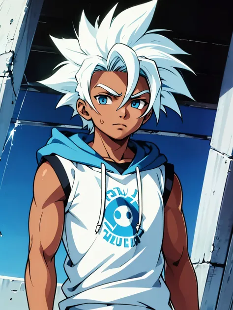  best quality image,  imagine a age man ,  that has dark skin , who has light blue eyes ,  who has light blue hair, with big, messy and spiky hair, Are you wearing a sleeveless hooded shirt.
