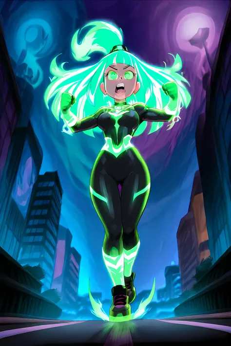 anime boy with neon green glowing skater hair, professionally drawn, glowing neon green ghost energy animal powers, danny phantom cartoon, colorful comic book background, anime characters fighting in a city with a fire in the background, anime epic artwork...