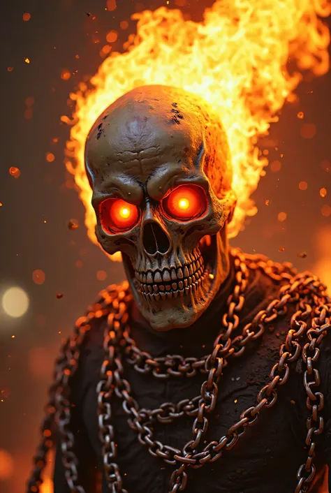 ANIMATED CHARACTER FROM THE MOVIE GHOST RIDER, (GHOST RIDER) head with flaming chains wrapped around its body , a very detailed skull head with FLAMING fireworks, looking at the camera with an ultra focus 