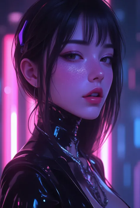 80’s glam rock makeup on shiny android face, anime, 2.5D, Glittery face, moody lighting, (purples, pinks, and blues), iridescent face, abstract ai model, pretty, sexy, minimal, sleek, slender, asian, elegant, chic, futuristic, retro, sophisticated half hum...