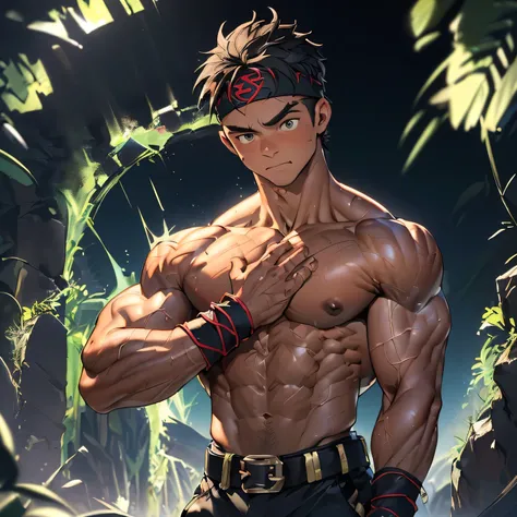 (((masterpiece, best quality, dynamic angle, dynamic pose:1.2, acrobatic pose:1.2, looking wiewer))), (((((Black Background, Dark night, (Depth of field:1.2), steam, arched back, upper body, relax, open arms))))), (1 boy, Young guy, muscler, Shirtless, top...