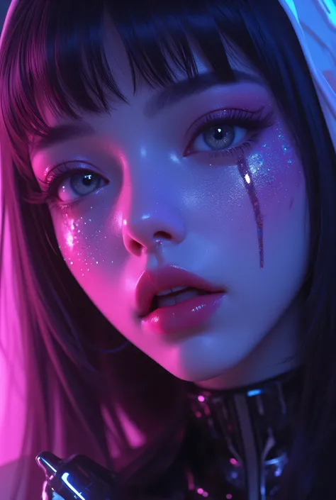 80’s glam rock makeup on shiny android face, anime, 2.5D, Glittery face, moody lighting, (purples, pinks, and blues), iridescent face, abstract ai model, pretty, sexy, minimal, sleek, slender, asian, elegant, chic, futuristic, retro, sophisticated half hum...