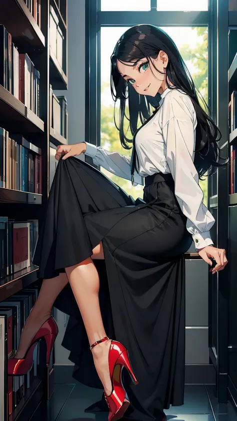    ((masterpiece, high resolution, better quality, better details)), ((Smiling)), ((one girl)) a girl organizing documents on a bookshelf, full body, wearing a maxi skirt, long skirt, ((long skirt without openings)), paired with a tucked-in blouse, ((Loubo...