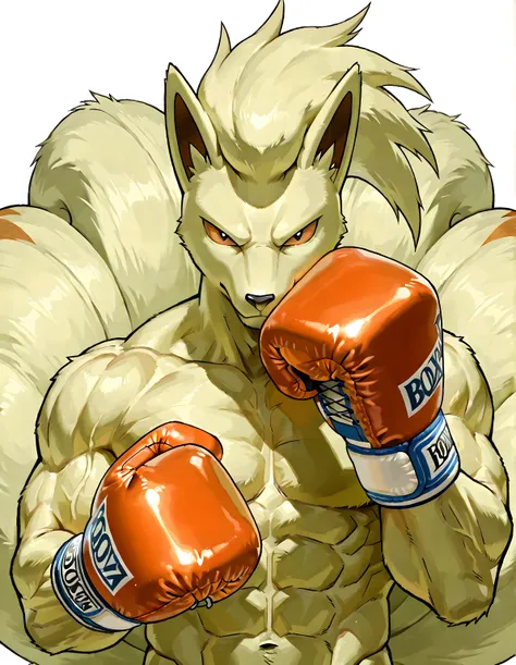 zzNinetails, high quality, male, solo, white background, no background, looking at viewer, posing, half body, muscular, wearing orange boxing_gloves, (orange boxing gloves), pov_boxing, boxing posture, boxing stance, front view, black eyes, orange sclera