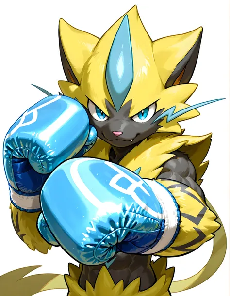 zeraora, furry, pokemon (creature), high quality, male, solo, white background, no background, looking at viewer, posing, half body, muscular, wearing ice blue boxing_gloves, pov_boxing, boxing posture, boxing stance, front view, 