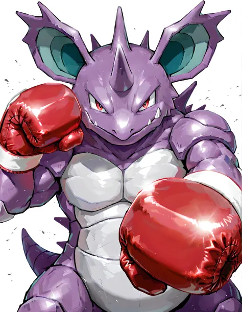 Nidoking, pokemon (creature), single horn, high quality, male, solo, white background, no background, looking at viewer, posing, half body, muscular, wearing red boxing_gloves, pov_boxing, boxing posture, boxing stance, front view, pecs