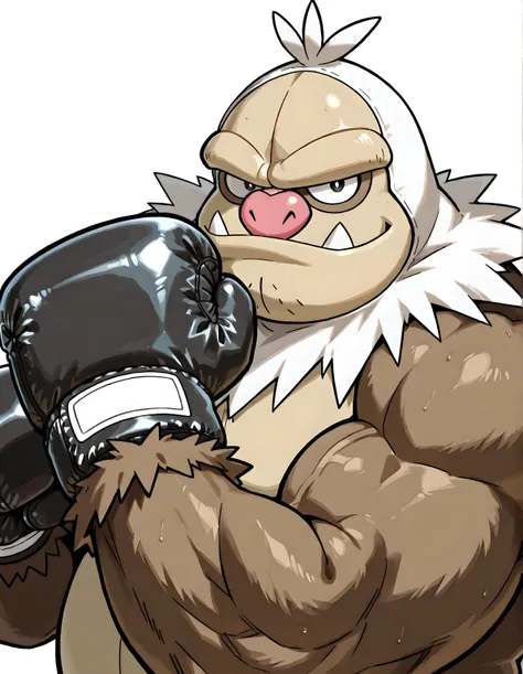 slaking, anthro male, pokemon (creature), brown body, plump body, heavyweight body, two tone fur, high quality, male, solo, white background, no background, looking at viewer, posing, half body, muscular, wearing black boxing_gloves, pov_boxing, boxing pos...