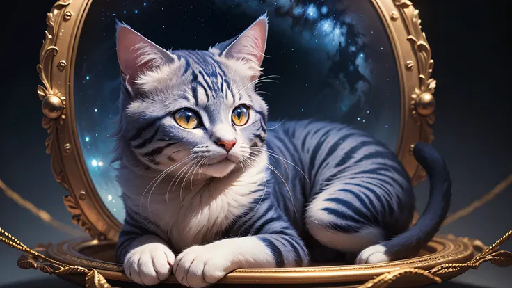 A hyper-realistic digital painting of a mystical cat with intricate, lace-like patterns adorning its fur. The cat's piercing golden eyes shine with an almost supernatural glow, reflecting ambient light. Its deep blue fur shimmers with iridescent hues, tran...