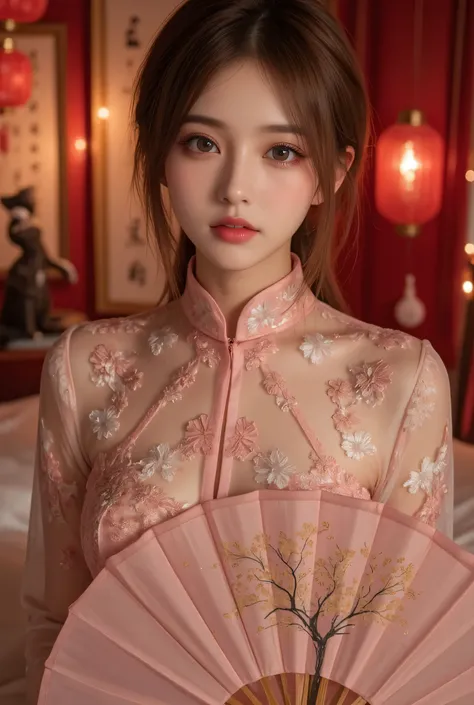 Cat ears、 face up, attractive, pretty girl, ponytail、 (( fine facial features , eroticism)), dramatic lighting , realistic , 8k, Dramatic Shadows , intricate and elaborate patterns , super detailed photo , chiaroscuro lighting , Pleasant colors , deep cont...