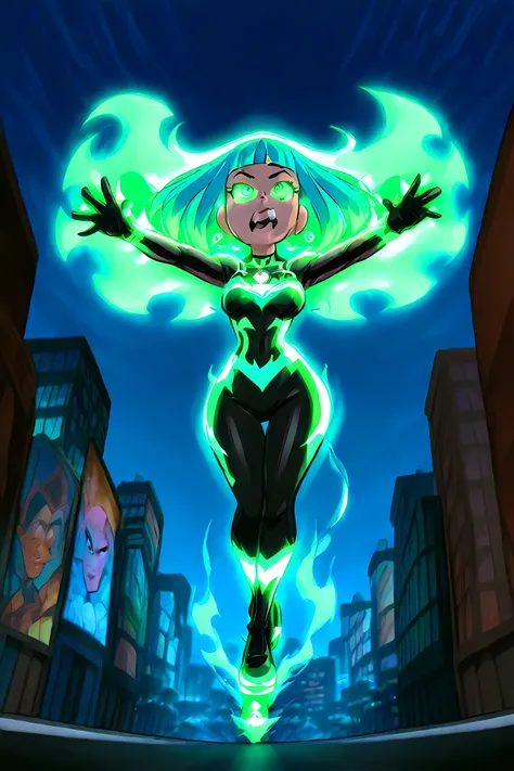 anime boy with neon green glowing skater hair, professionally drawn, glowing neon green ghost energy animal powers, danny phantom cartoon, colorful comic book background, anime characters fighting in a city with a fire in the background, anime epic artwork...