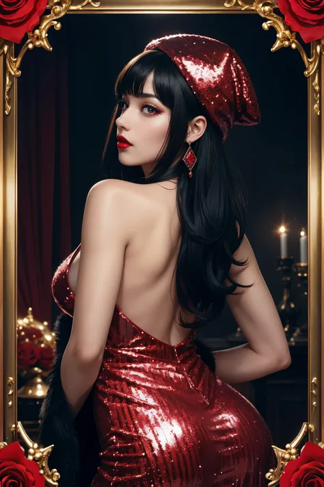  beautiful black hair ,shortcuts,Aligned bangs,Bright red lips,Red Eyes, white skin, gothic dress, Super High Definition, Super Quality ,masterpiece,DSLR,Photorealistic, Detailed Details,Vivid details, Detailed , detailed face, Detailed Details,Super detai...