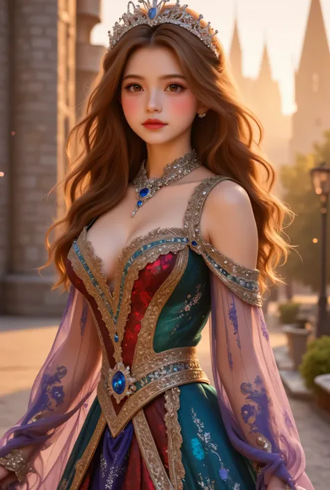 1girl, Long hair, lors, deep contrast, super real, pink lipstick, lovely atmosphere, cinematic composition, close-up of face. She is wearing a breathtakingly opulent princess dress with flowing, multi-layered fabrics in a mesmerizing blend of royal blue, d...