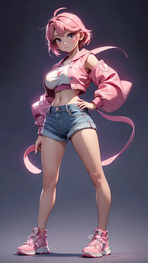 Mini Sakura, (sakura), girl alone, ray tracing, Style 3D, 3dmm, ((3 poses per photo)), (( 3 poses in each photo )), full body,(Front view),(back vision), (view on the left), shorts very short jeans at the waist, show flat belly, (((3 poses per photo))),(ve...