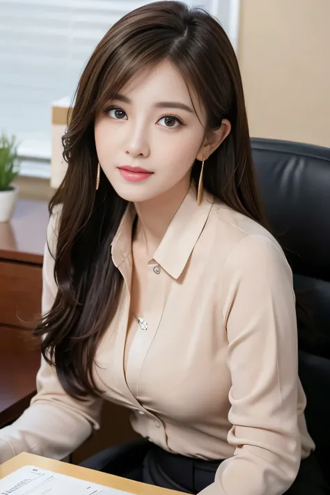 masterpiece、 best quality 、 real 、 very detailed on trends、 with finer details、High Resolution、8k wallpaper、1 beautiful woman、At the office、 Light Brown Disheveled Hair、 perfect dynamic configuration、 beautiful beautiful eyes、 Big Earrings 、 sitting on a c...