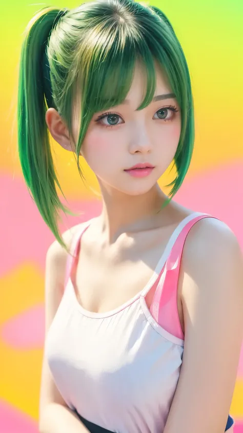  bob hair、 Short Twin Tails 、 green hair、cute、kind、Healing、white shirt、 beautiful collarbone 、 Japanese Anime Style Illustration 、1 person、((pink neon city background ))