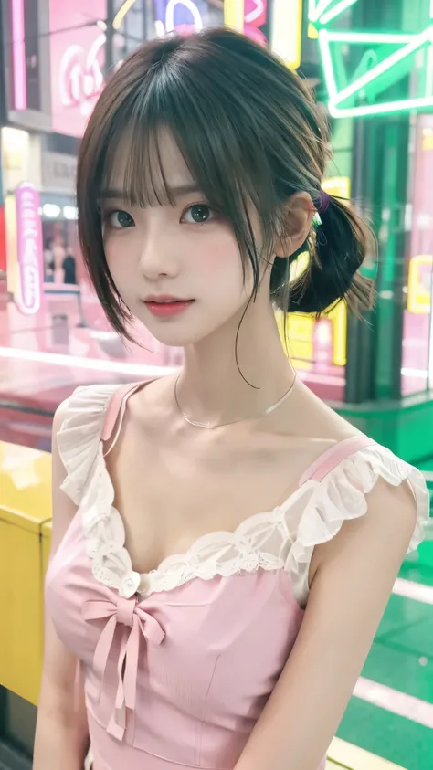  bob hair、 Short Twin Tails 、 green hair、cute、kind、Healing、white shirt、 beautiful collarbone 、 Beautiful breasts、Japanese Anime Style Illustration 、1 person、((pink neon city background ))