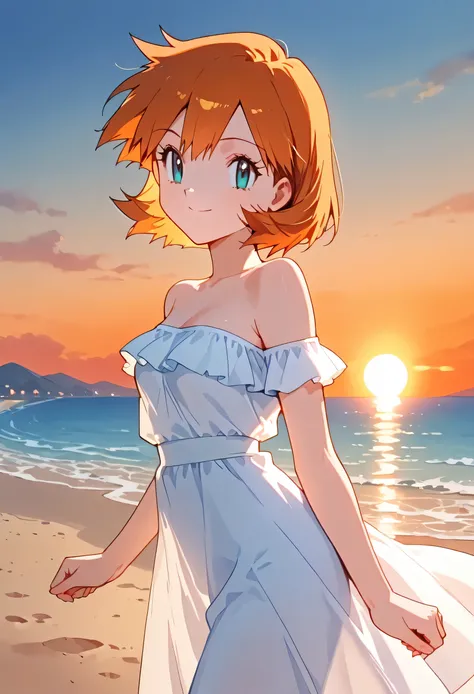 Misty, 1girl, solo, short hair, orange medium hair, blue eyes, bangs, eyelashes, strapless, bare shoulders, white ruffle off the shoulder maxi dress, sunrise, outdoor beach background, cowboy shot, Smile,