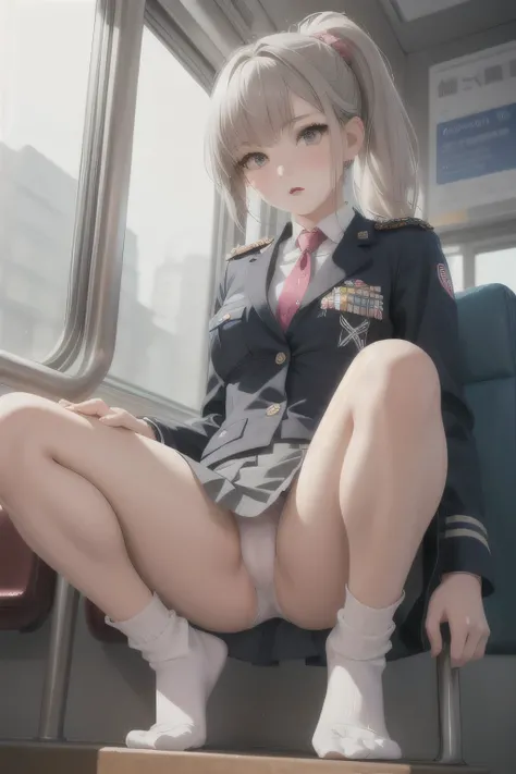 highest quality, ultra high resolution, (realistic ),((1 girl in uniform))(((open legs)))gray mini skirt,gray blazer、Pink embroidered panties、White embroidered panties),full body portrait,Crouching down by on train seats,Sunny,loose socks,shortcut,ponytail...