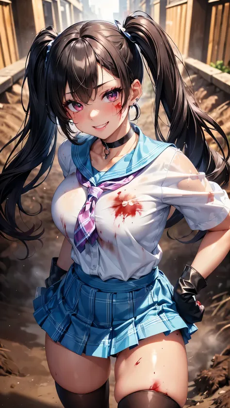 ((Ultra High Definition:1.5))，((TOP QUALITY:1.5))，((detail face ))， pixel perfect ， Very Beautiful and Cute Girl  ，18 years old，JK， big breasts，break((rainbow long twin tails，very beautiful pink eyes))，((White blouse uniform，blue tartan check micro mini sk...