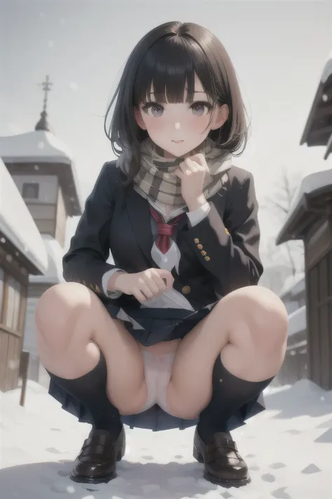 Masterpiece,top-quality,girl1,ultra-detailliert,A dark-haired,Blunt bangs　School girl Uniform,scarf,a short skirt,Leather shoes,Soft thighs,　pissing,Snow Town,Crouching, white see-through panties,