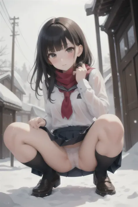 Masterpiece,top-quality,girl1,ultra-detailliert,A dark-haired,Blunt bangs　School girl Uniform,scarf,a short skirt,Leather shoes,Soft thighs,　pissing,Snow Town,Crouching, white see-through panties,