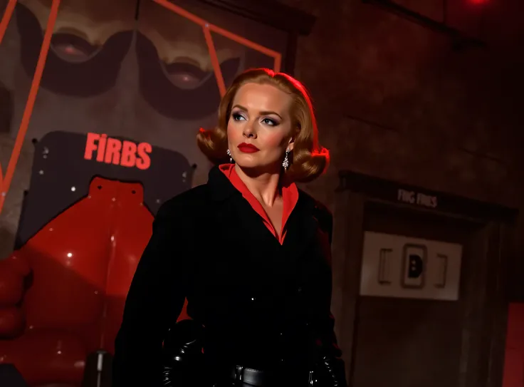 tallulah bankhead as 1966 batman villainess black widow.  wearing her black outfit, wearing black leather gloves, wearing black knee high leather boots, standing looking ahead