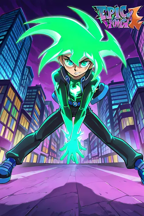 anime boy with neon green glowing skater hair, professionally drawn, glowing neon green ghost energy animal powers, danny phantom cartoon, colorful comic book background, anime characters fighting in a city with a fire in the background, anime epic artwork...