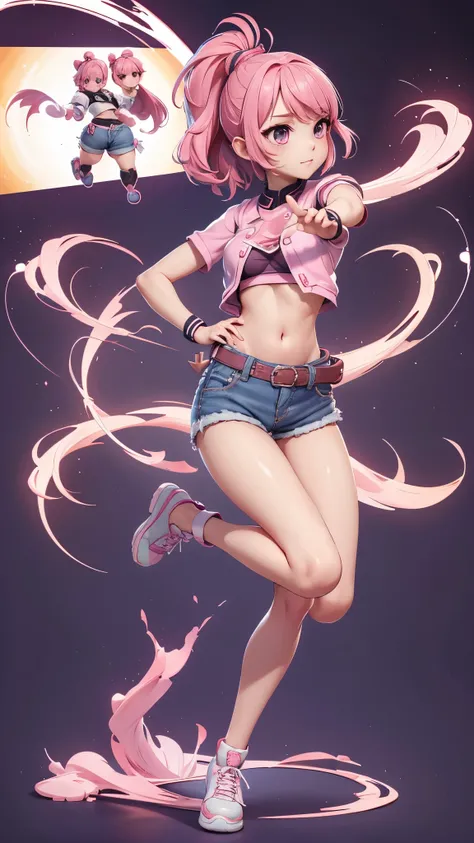 Mini Sakura, (sakura), girl alone, ray tracing, Style 3D, 3dmm, ((3 poses per photo)), (( 3 poses in each photo )), full body,(Front view),(back vision), (view on the left), shorts very short jeans at the waist, show flat belly, (((3 poses per photo))),(ve...