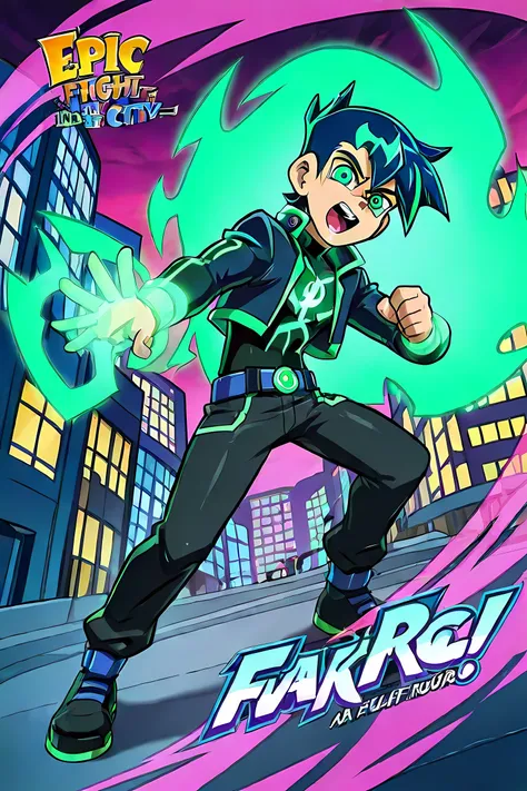 anime boy with neon green glowing skater hair, professionally drawn, glowing neon green ghost energy animal powers, danny phantom cartoon, colorful comic book background, anime characters fighting in a city with a fire in the background, anime epic artwork...