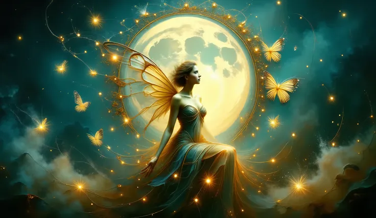 A mesmerizing fairy with translucent butterfly wings sits poised within an intricate golden frame, suspended in a twilight dreamscape. The teal-hued background radiates an ethereal glow, with a grand, radiant full moon as the celestial centerpiece. Twinkli...