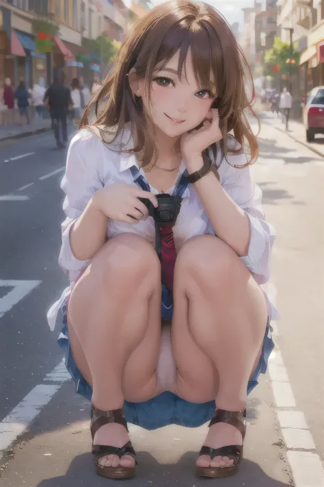 usquat photo of a women, squatting in a city street, smiling at the camera, panties visible, (high detailed skin:1.2), 8k uhd, dslr, high quality, high quality face, high detailed face skin, realistic, realistic lighting, photorealistic, absurdres, highres...