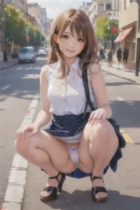 usquat photo of a women, squatting in a city street, smiling at the camera, panties visible, (high detailed skin:1.2), 8k uhd, dslr, high quality, high quality face, high detailed face skin, realistic, realistic lighting, photorealistic, absurdres, highres...