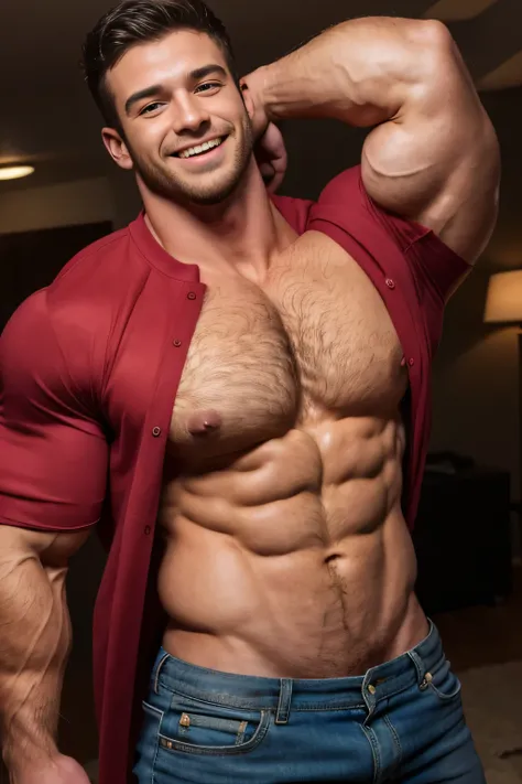 gaston_disney, solo, looking at viewer, smile, open mouth, blue eyes, shirt, black hair, 1boy, nipples, upper body, male focus, open clothes, tongue, open shirt, muscular, pectorals, muscular male, red shirt, bara, large pectorals, sideburns, bare pectoral...