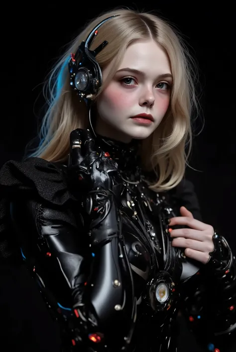 Elle Fanning, ultra-realistic, photorealistic, dramatic scene, shadow, global-illumination, solo, perfect anatomy, perfect fingers, (age cyborg), very beautiful with very cute face, detailed face skin texture, (modern maid but futuristic cyborg), intricate...