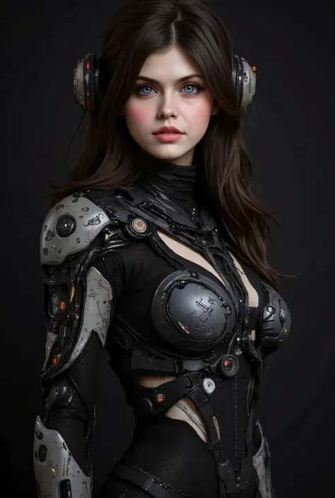 Alexandra Dadario, ultra-realistic, photorealistic, dramatic scene, shadow, global-illumination, solo, perfect anatomy, perfect fingers, (age cyborg), very beautiful with very cute face, detailed face skin texture, wide smile, (modern maid but futuristic c...
