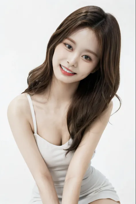 Tzuyu, korean girl, (realistic), (hyperrealism),best quality, masterpiece, (photorealistic:1.4), Ultra High Res, UHD, (plain white background:1.6), 1girl, adorable, solo, (smile), (face details: 1), (eye details:1), (slim body), Cute posed, proportional bo...