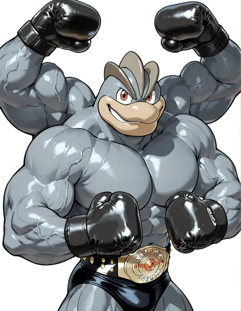 machamp, high quality, male, solo, white background, no background, looking at viewer, posing, half body, very muscular, wearing black boxing_gloves, boxing gloves, pov_boxing, front view, four arms, flexing, thick arms, big belt, championship belt, big pe...