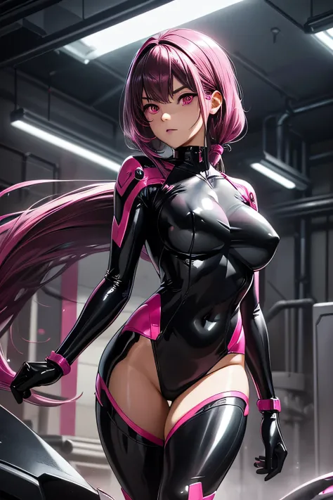 perfect anatomy　TOP QUALITY, highest resolution,(((shiny black rider suit　shiny dark pink hair　Deep pink eyes　shiny skin)))　long twin tail　 straight 　spy　expressionless　Age 25　curvy　woman　cool　Abandoned Factory