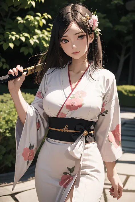 Picture a young blonde warrior, with long wavy hair that shines in the sunlight.  Her eyes are deep blue , reflecting determination and courage. She is dressed in an elegant Japanese kimono,  made of fine silk , adorned with delicate floral patterns in sha...