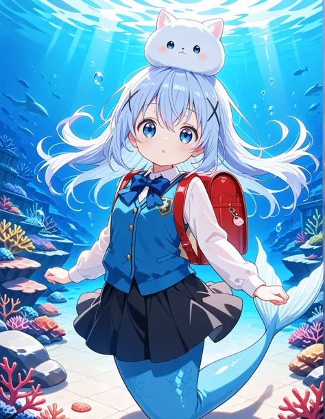 1girl, blue eyes, chino_kafu, periwinkle colored hair, tiny, cute, innocent, long hair, hair ornament, blue hair, dynamic pose, mermaid, light blue tail, swimming, underwater, submerged, school, coral reef, looking at viewer, skirt, on head, long sleeves, ...