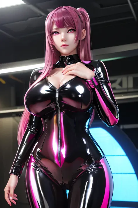 perfect anatomy　TOP QUALITY, highest resolution,(((shiny black rider suit　shiny dark pink hair　long hair　Deep pink eyes　shiny skin)))　long twin tail　 straight 　spy　expressionless　20 years old　curvy　woman　cool　Abandoned Factory