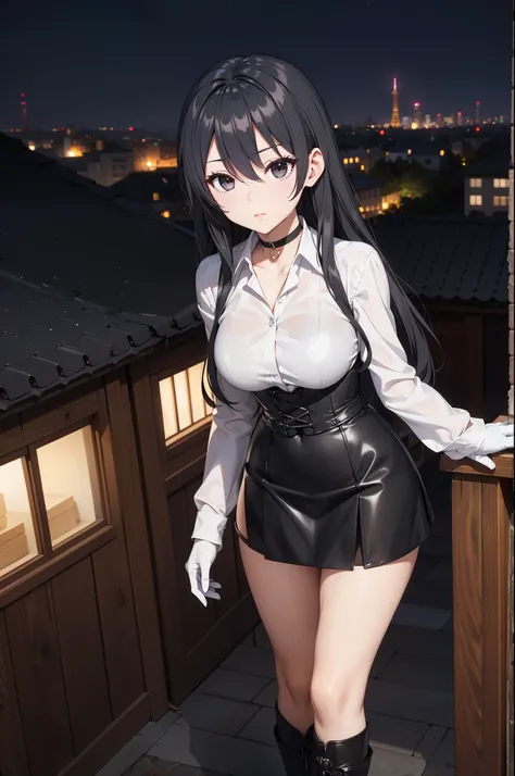 Masterpiece, anime style, A young girl,  of foot, (view from above), (( arms crossed )), pretty face,  surprised look, ((redness on the cheeks)), long black hair, detailed eyes,  black eyes,  choker : 1.6, (( long sleeve white shirt )), ( black gloves ), (...