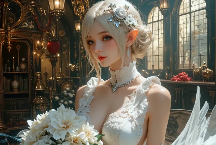  best quality , Super quality, 16k,  Unbelievably Absurd,  very detailed,  lovely photo,  delicate and dynamic,  Kiri Reina female,  seductive smile,  pure white wedding dress ,  great style , bouquet,  steampunk,  DIESEL PUNK ,  clock punk ,  cyberpunk, G...